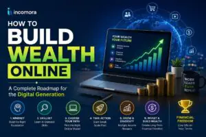 How to build wealth online complete roadmap showing five stages from mindset and skills to income investing and financial freedom for digital earners in 2026