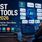 Best AI tools in 2026 including ChatGPT, Claude, Jasper, Canva, Midjourney, HeyGen, Grammarly, ElevenLabs, Pictory, Cursor, Notion AI and Zapier displayed around a glowing AI chip