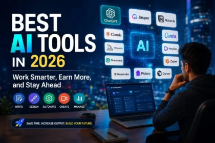Best AI tools in 2026 including ChatGPT, Claude, Jasper, Canva, Midjourney, HeyGen, Grammarly, ElevenLabs, Pictory, Cursor, Notion AI and Zapier displayed around a glowing AI chip