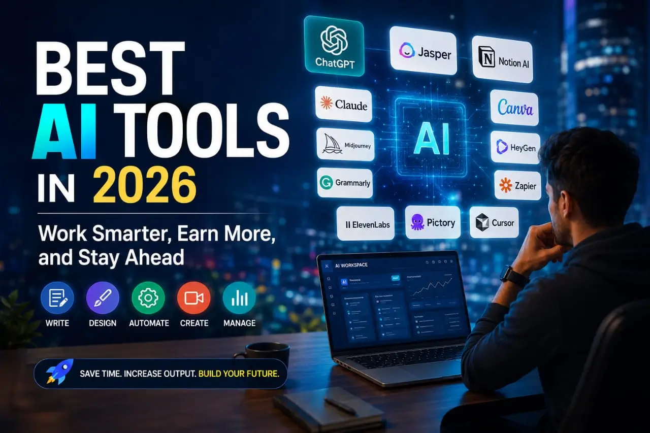 Best AI tools in 2026 including ChatGPT, Claude, Jasper, Canva, Midjourney, HeyGen, Grammarly, ElevenLabs, Pictory, Cursor, Notion AI and Zapier displayed around a glowing AI chip