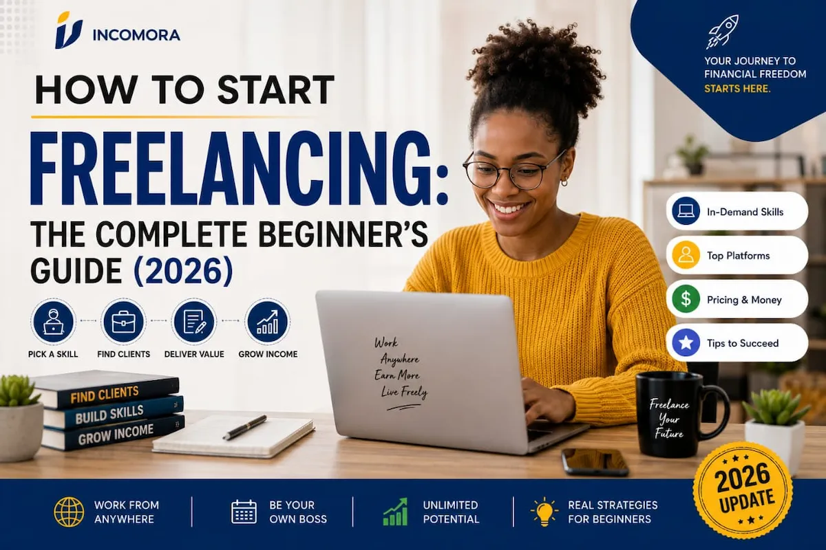 How to start freelancing in 2026 complete beginners guide showing laptop and remote work setup for new freelancers earning online