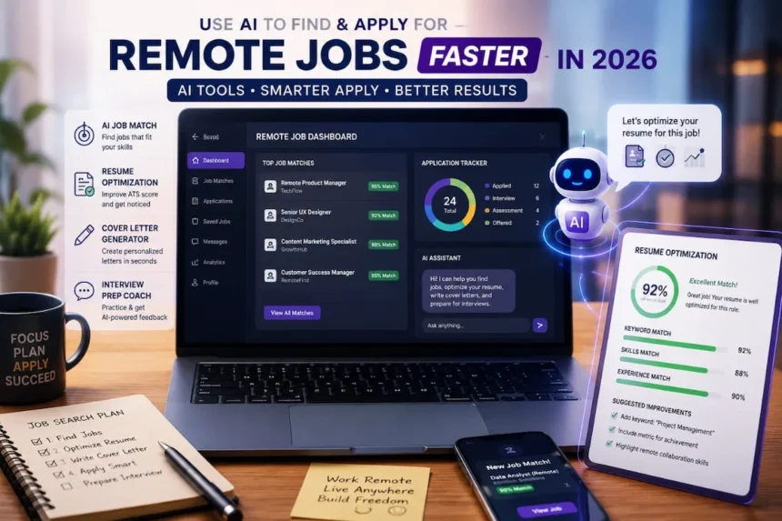 How to use AI to find remote jobs faster in 2026 showing AI powered remote job dashboard with resume optimization cover letter generator and interview prep coach tools