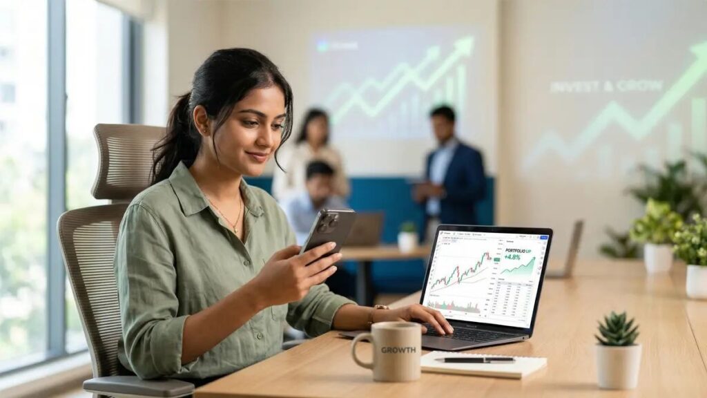 Lady smiling to her PC screen and wondering How To Invest With Little Money ($100 Or Less)
