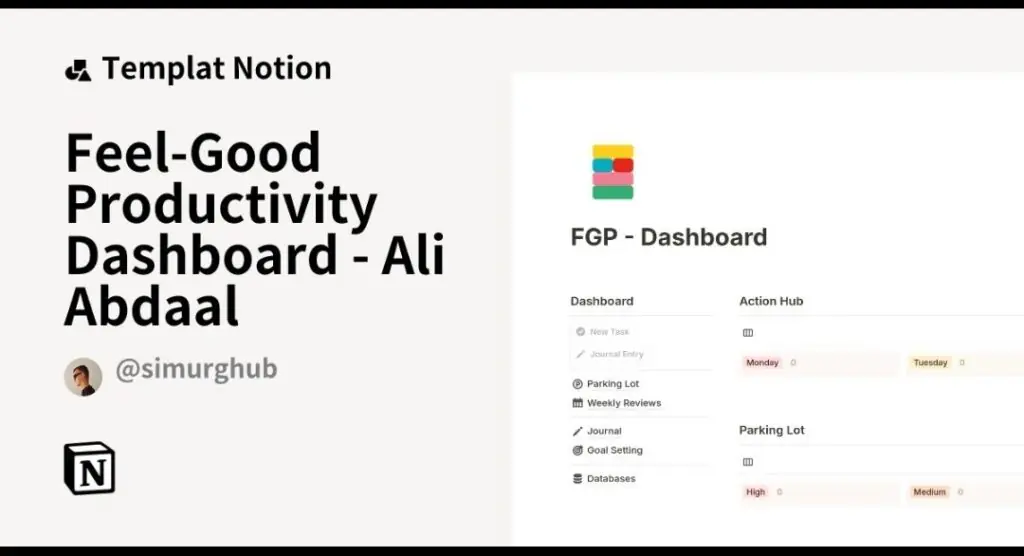 Notion AI showing the Feel Good Productivity Dashboard template by Ali Abdaal used as an AI writing and organization tool for remote job seekers in 2026
