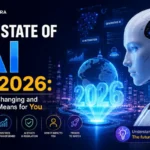 The state of AI in 2026 showing an AI robot with generative AI automation and AI agents representing major trends changing work for freelancers and remote professionals