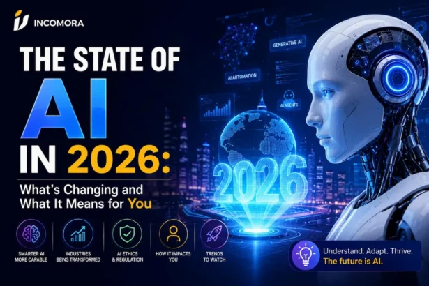 The state of AI in 2026 showing an AI robot with generative AI automation and AI agents representing major trends changing work for freelancers and remote professionals