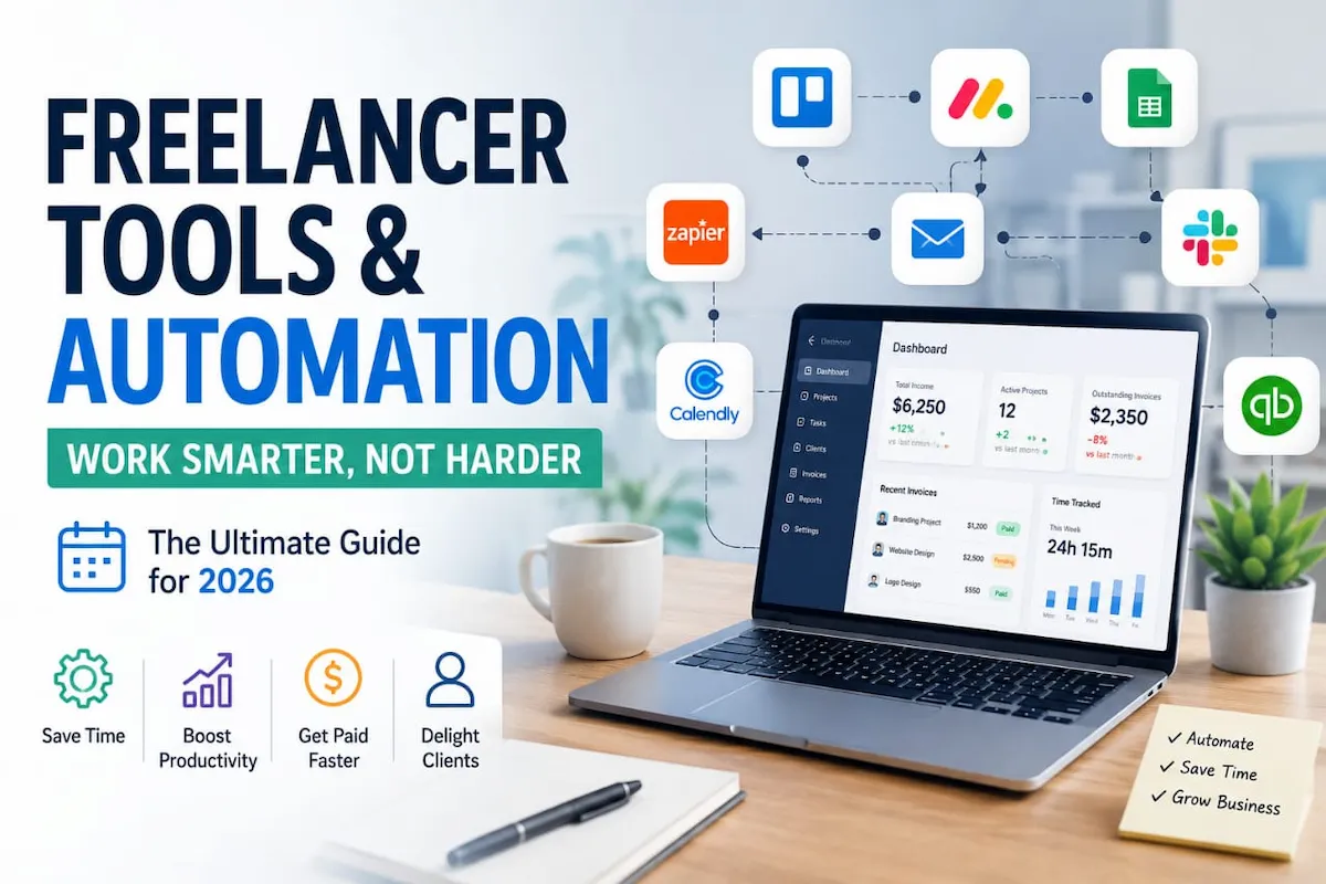 Freelancer tools and automation guide 2026 showing Zapier Calendly Trello Monday Google Sheets Slack and QuickBooks connected to a freelance dashboard with total income active projects and outstanding invoices