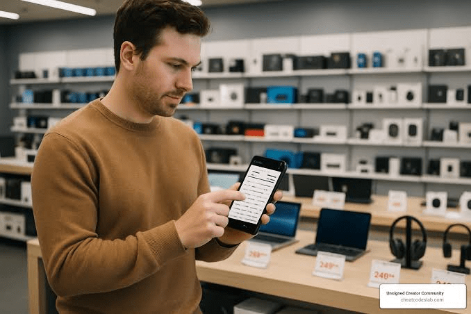 A man holding his phone and checking for expert tech reviews.