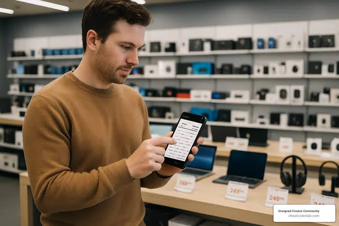 A man holding his phone and checking for expert tech reviews.