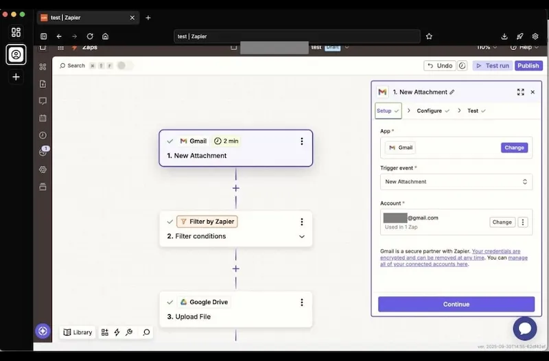 Zapier workflow showing Gmail new attachment trigger connected to filter conditions and Google Drive file upload used by freelancers to automate invoice and document management in 2026